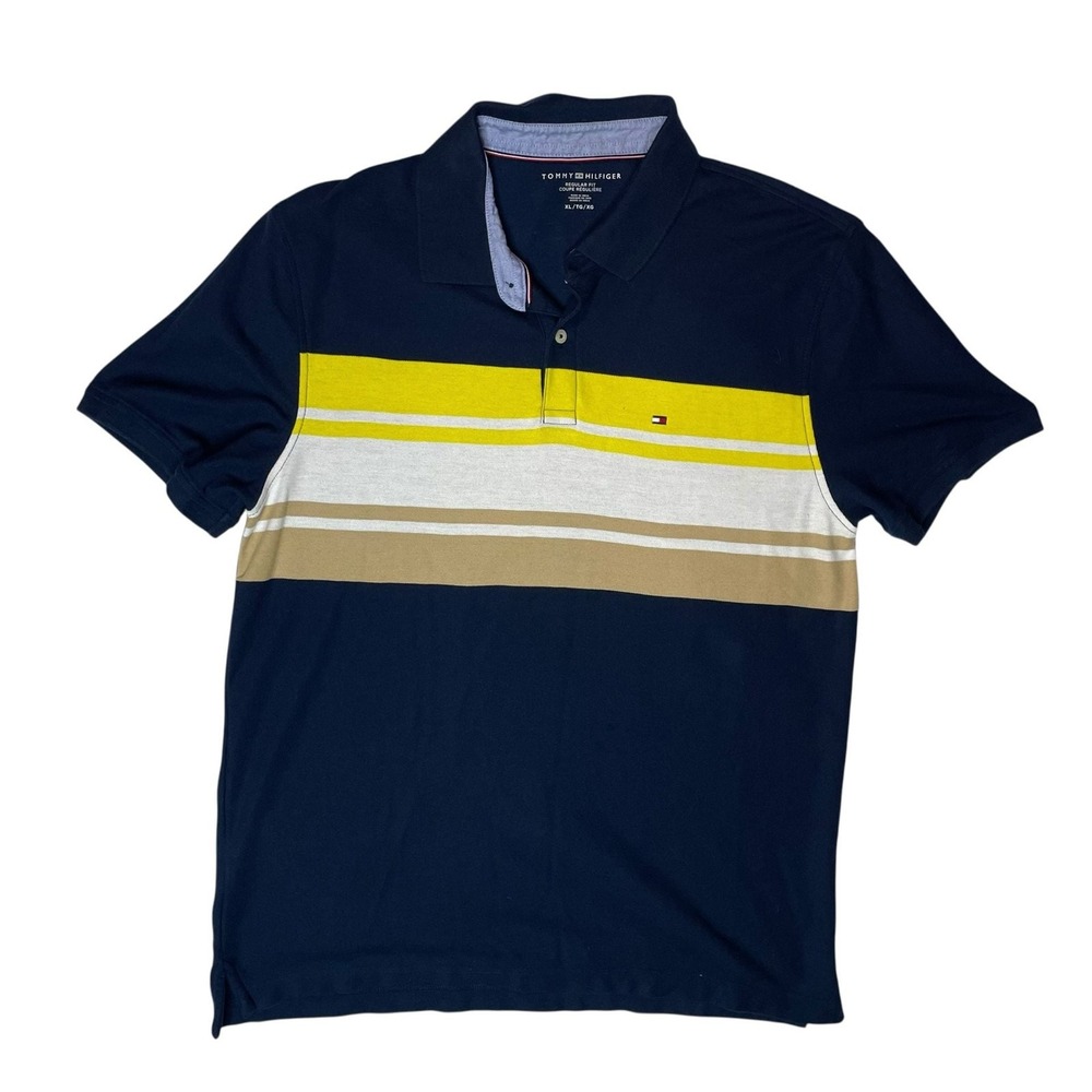 Tommy Hilfiger Polo Shirt Mens XL Blue Striped Short Sleeve